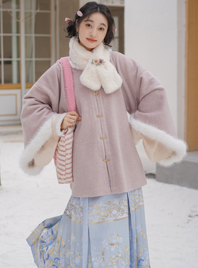 素羽华裳春雪 新款明制汉服女昭君袄毛呢 仿妆花马面裙加厚秋冬装