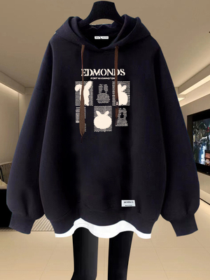 连帽卫衣女2025秋冬新款中长款遮屁股加绒加厚宽松慵懒风假两件潮