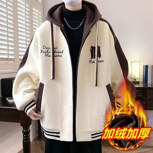 春秋季潮流刺绣棒球服外套男孩帅气连帽宽松潮牌加肥加大加绒夹克