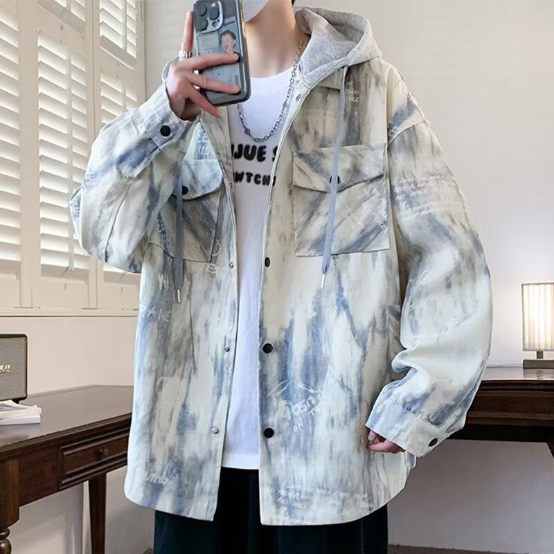扎染印花外套男春秋款假两件连帽夹克潮牌青少年痞帅加肥大码褂子,男装,夹克,淘宝优惠券,粉丝福利购,淘宝优惠卷