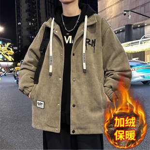 秋冬季 300斤胖子青少年外套 假两件连帽夹克男加绒加厚宽松超大码