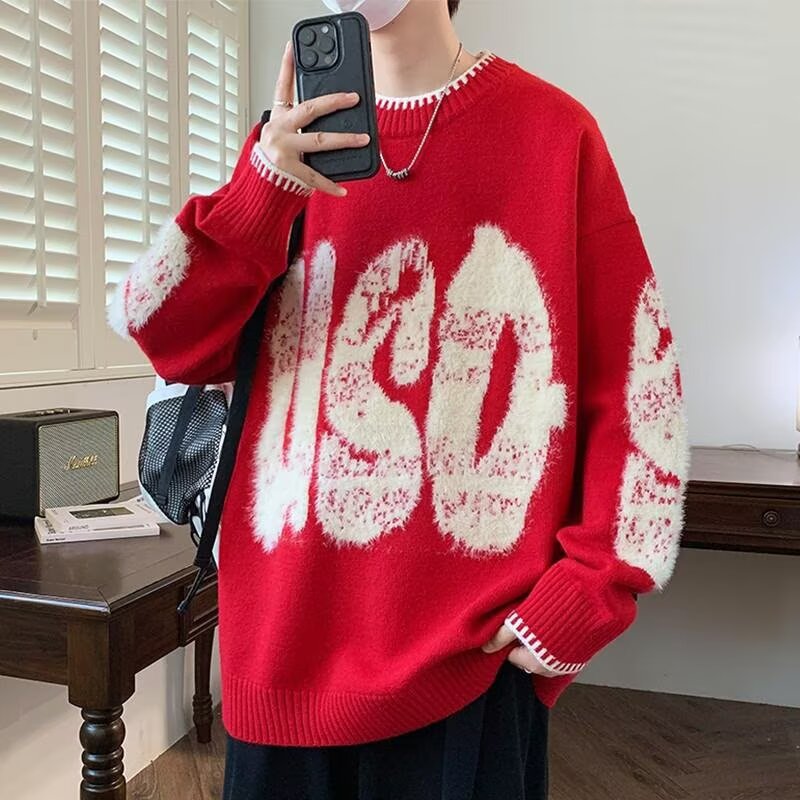 红色潮牌字母毛衣男秋冬季宽松加肥大码胖子保暖针织衫内搭打底衫