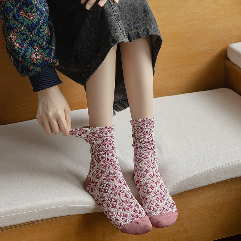 【5双装】纯棉民族风时尚穿搭中筒反织森系立体纹路包好看