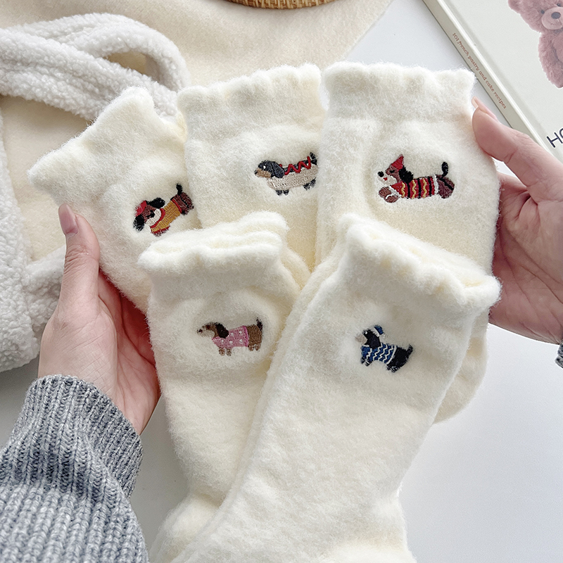 【5双】秋冬季加厚保暖刺绣腊肠犬纯色系简约穿搭