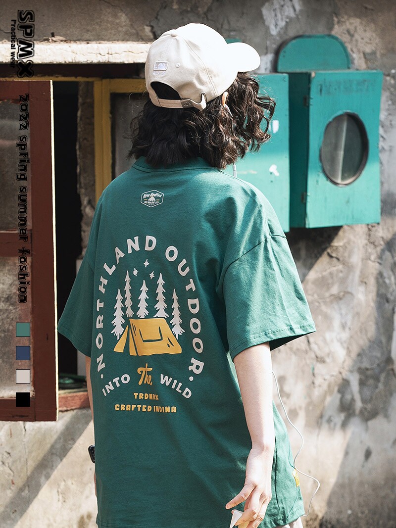 SPMX 봄 여름 새로운 미국 복고풍 문자 인쇄 반팔 티셔츠 남성과 여성을위한 느슨한 유행 브랜드 반팔 탑 TEE