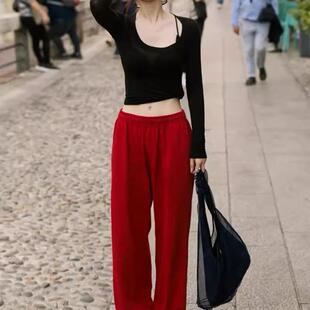 子 女春秋秋冬松弛感垂感拖地长裤 赵露思同款 红色松紧腰休闲阔腿裤