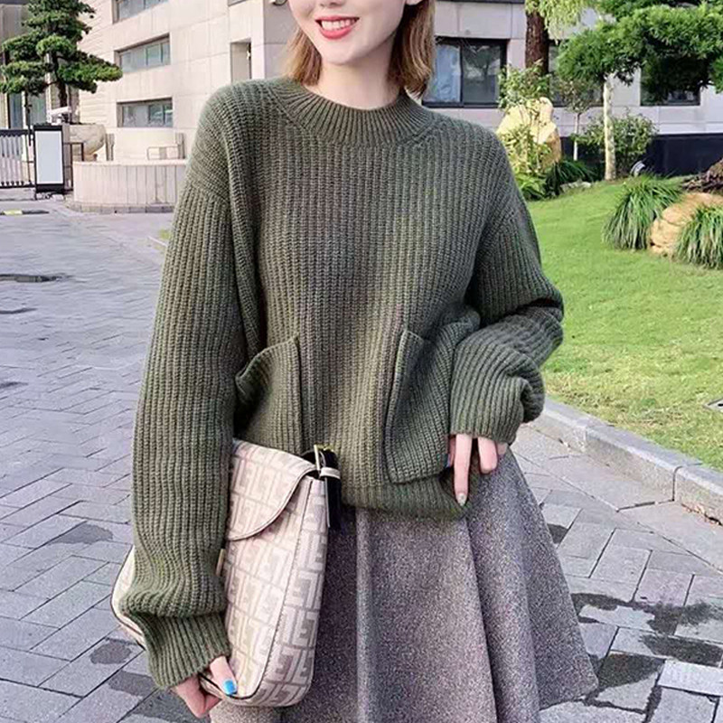 阿玛施旗舰店官网正品2020秋季新款百搭休闲口袋羊毛针织衫毛衣女