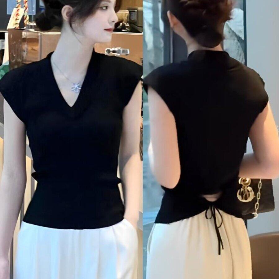 黑色V领冰丝针织短袖T恤女夏季新款露腰短款气质高端大牌体恤上衣