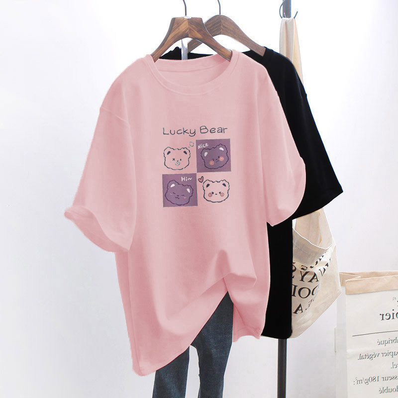 粉色卡通t恤女短袖宽松2023夏季新款设计感小众大板中长款上衣ins