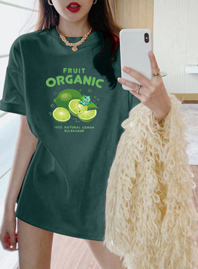 中长款墨绿色t恤女夏季潮牌2023年爆款薄正肩宽松大版上衣体恤ins