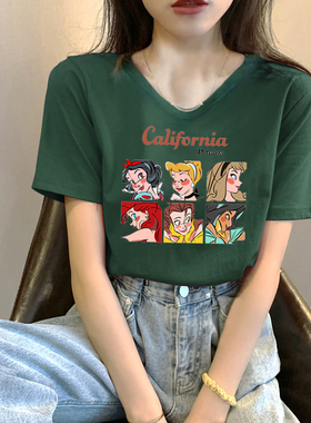 2024年夏季新款墨绿色白雪公主V领短袖t恤女韩版纯棉宽松上衣女潮