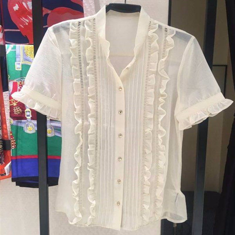 阿瑪施旗舰店官网2020春夏正品新款纯色木耳边雪纺修身衬衫女上衣