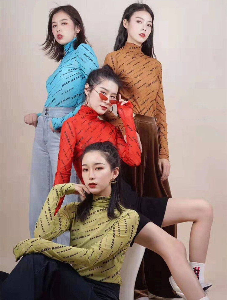 阿瑪施旗舰店官网2020春款高领字母印花网纱t恤长袖薄款打底衫女