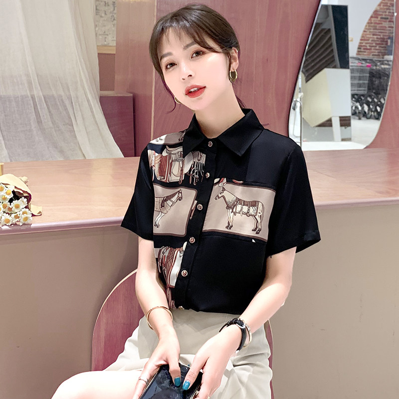范芙熙联名欧阿玛施旗2021夏新款短袖职业百搭气质显瘦雪纺衬衫女