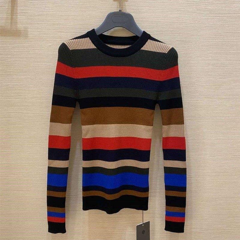阿玛施旗舰店官网2020秋季新款长袖显瘦彩虹条纹羊毛针织衫毛衣女