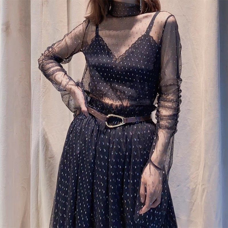 阿瑪施旗舰店官网2020春秋正品新款蕾丝乔其纱网纱套装上衣半裙女