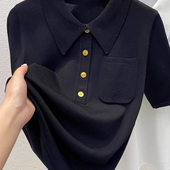 冰丝短袖 衬衫 女夏季 大码 休闲百搭翻领POLO领黑色针织正肩短袖 T恤