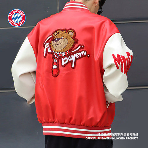 伯尼熊红色pu棒球服重工拼色外套