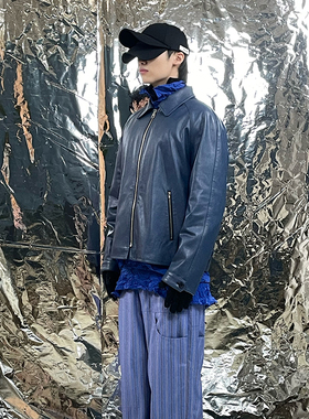 Pointless 24SS 原创设计简约拉链口袋脏蓝做旧皮衣夹克机车外套