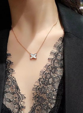 羡吻玫瑰金白贝母交叉项链小众高级感镶钻Liens不掉色锁骨链