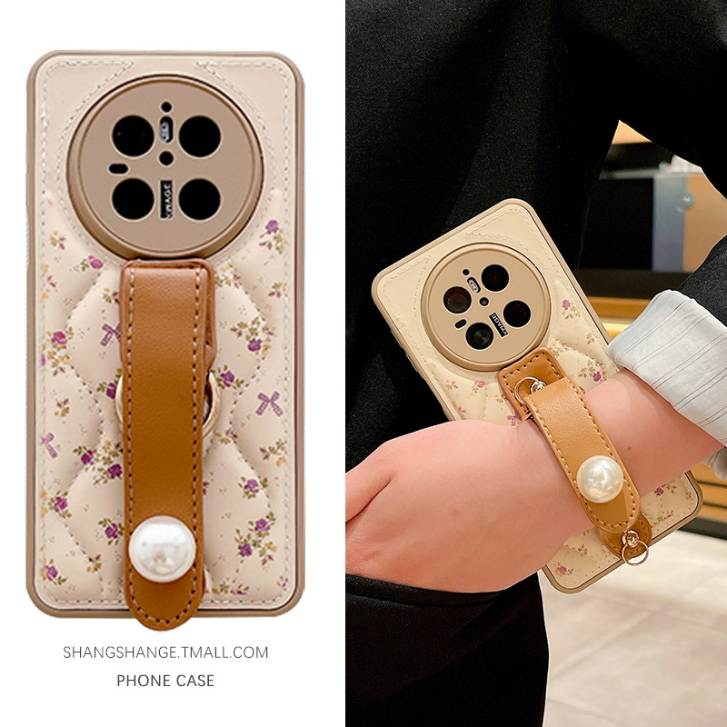 波浪玫瑰花珍珠腕带适用华为mate80手机壳mate70Pro保护套mete60立体皮纹mt50斜跨背带m40镜头全包30防摔Max