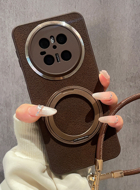 月坑纹皮质深咖色适用华为Mate80Pro手机壳Mate70旋转金属支架360度mete60保护套50复古40高级感Air全包Max女