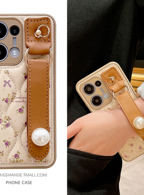 波浪玫瑰花珍珠腕带适用OPPOReno15手机壳OPPOReno14保护套Reno13Pro新款12斜跨11背带10高级感9全包防摔女款