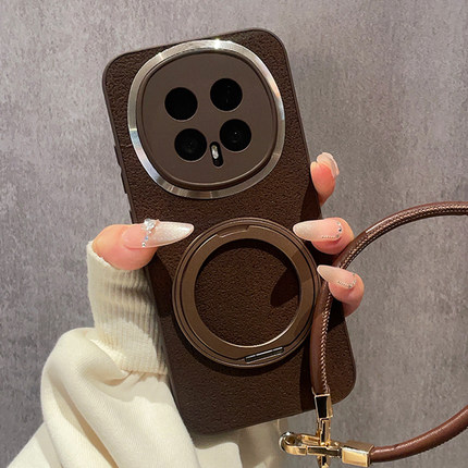 月坑纹皮质深咖色适用华为荣耀magic8手机壳Magic7新款360度旋转金属支架6Pro保护套5复古4高级感X70全包X60