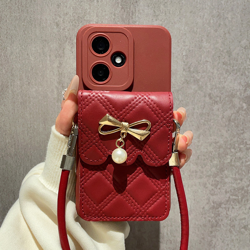 高级感酒红色蝴蝶结卡包适用华为荣耀400手机壳300保护套新款200斜跨挂绳100Pro背包式90全包80防摔70女款60