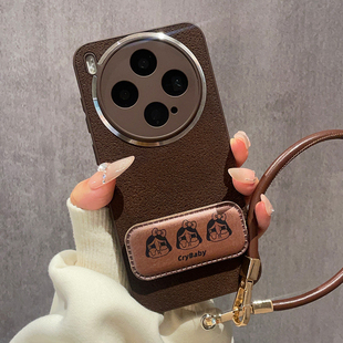 月坑纹深棕色金属圈适用vivoX300手机壳vivoX200PRO保护套X100S卡通皮质支架X90镜头全包X80创意Ultra防摔女