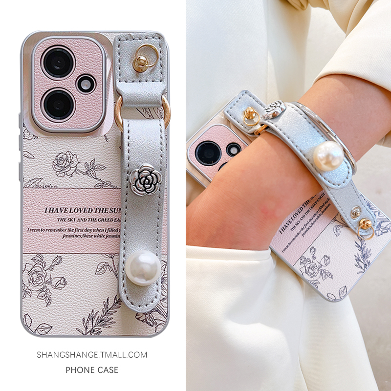 素描山茶花珍珠腕带适用于华为荣耀400手机壳300保护套200新款100Pro小香风90斜跨背带80镜头全包70防摔60女