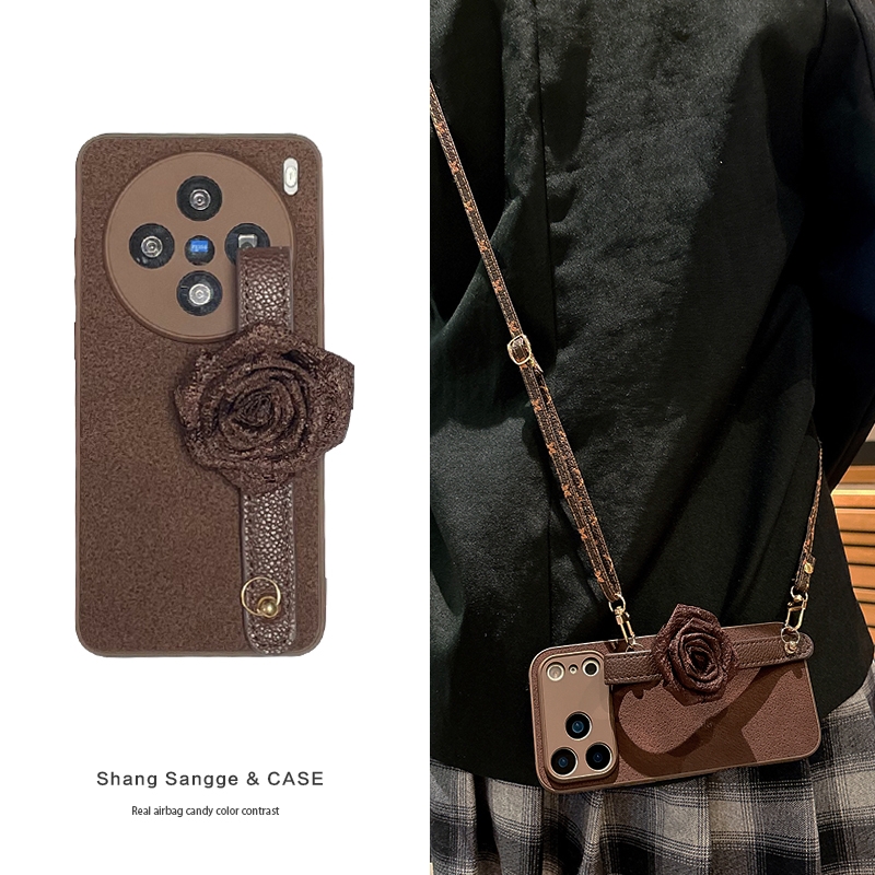 月坑纹玫瑰花腕带适用vivoX200手机壳vivoX300Pro新款复古X100S斜跨可背X90高级感X80保护套全包X70女款挂绳