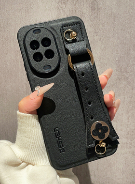 黑色皮纹适用华为Nova15手机壳Nova14保护套Nove13Pro新款12山茶花腕带11斜跨背带式ultra镜头全包防摔小众女