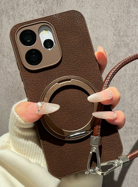 月坑纹皮质深咖色适用OPPOReno15手机壳Reno14新款360度旋转金属支架13Pro保护套12复古11高级感10全包9软壳8