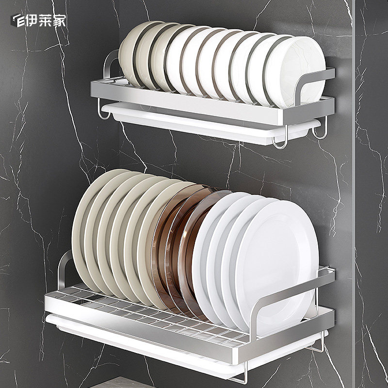 304不锈钢碗架沥水架壁挂式免打孔 单层碗盘架墙上厨房收纳置物架