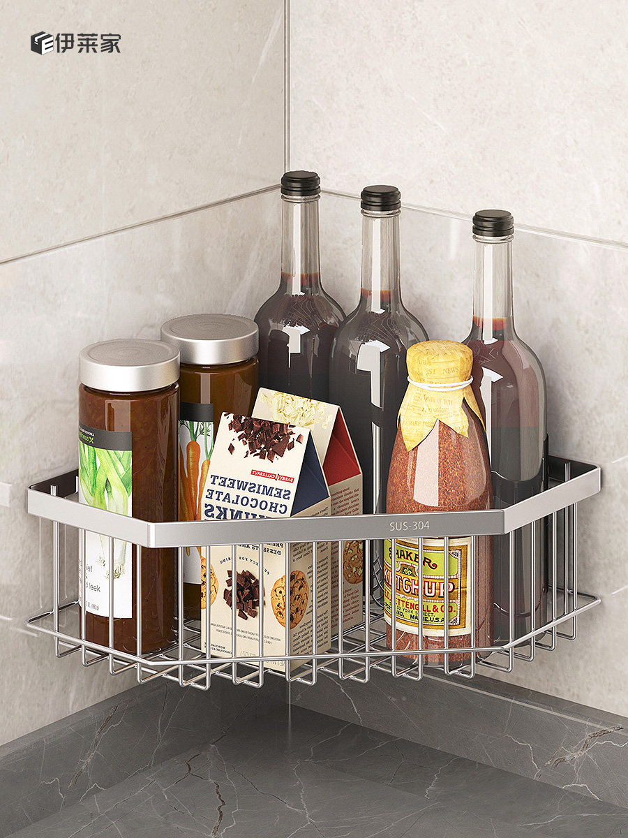 转角置物收纳架厨房壁挂式蔬果篮调味料架免打孔收纳三角架不锈钢