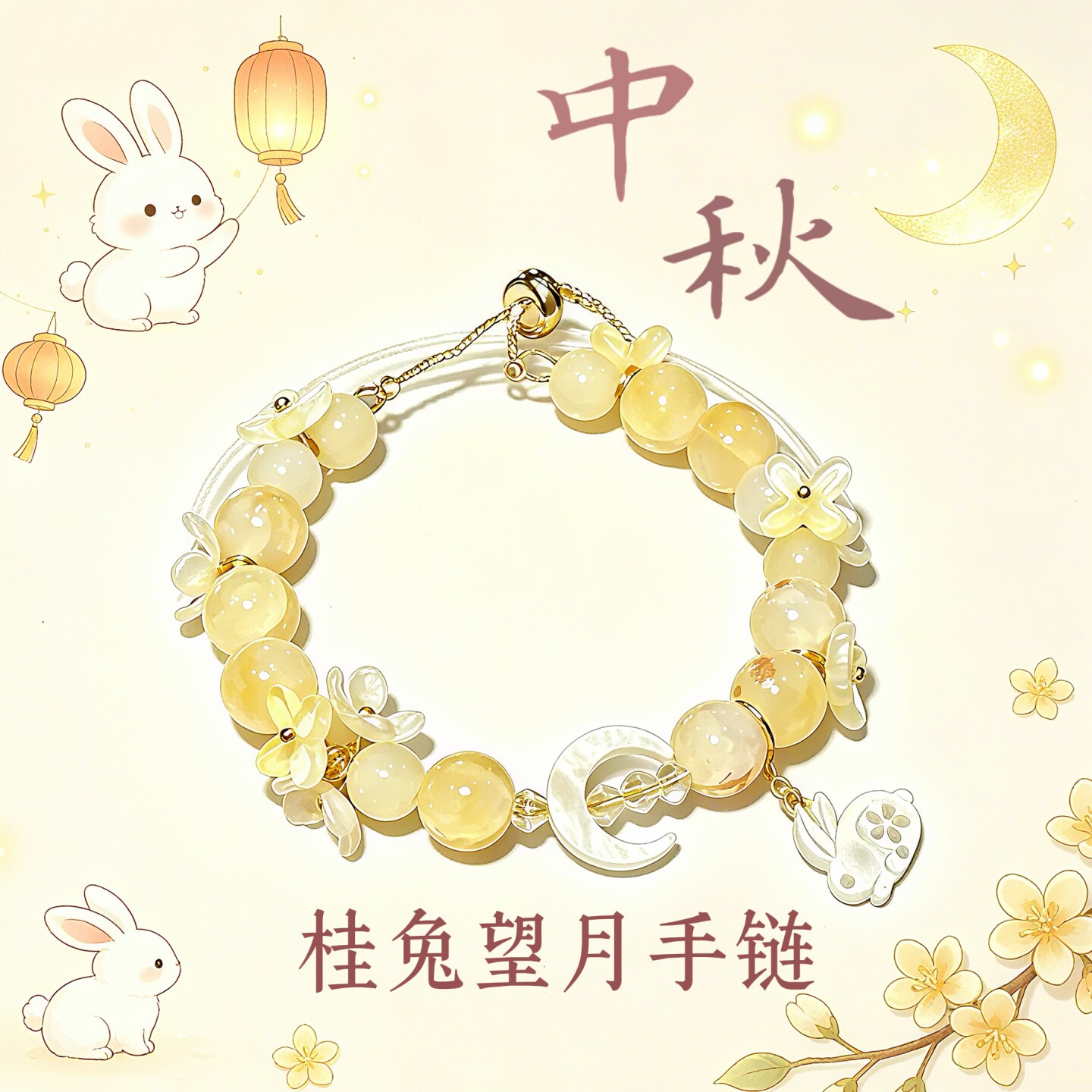 中秋新中式玉兔月亮桂花手链女