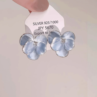 蓝实物巨美花朵耳环小众设计感高级感复古花瓣耳钉女轻奢独特耳饰