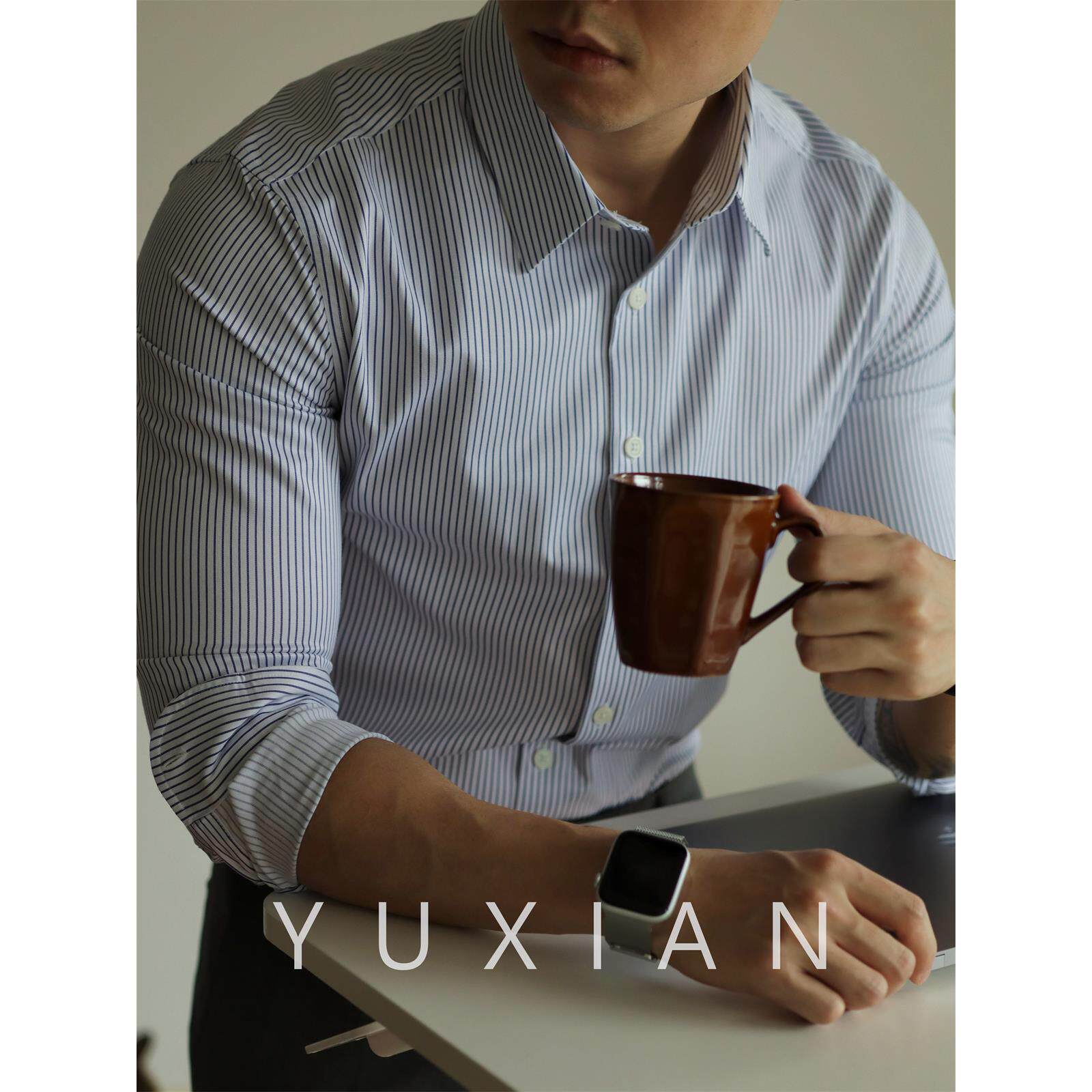 YUXIAN【细腻天丝】条纹抗皱长袖衬衫休闲商务正装男士修身四季款