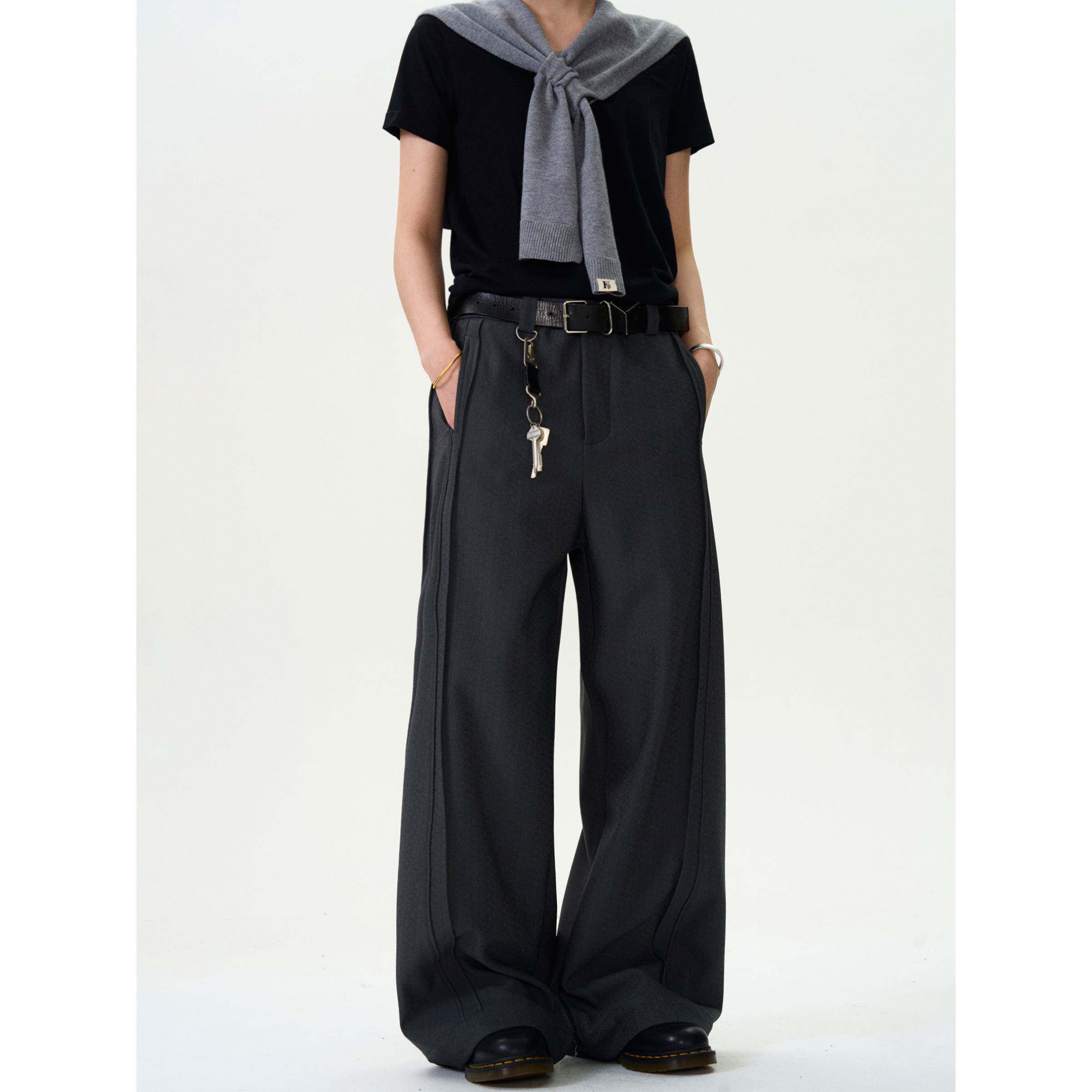 MADWITCH复古高级垂感双褶休闲西裤男女宽松直筒cleanfit阔腿裤子