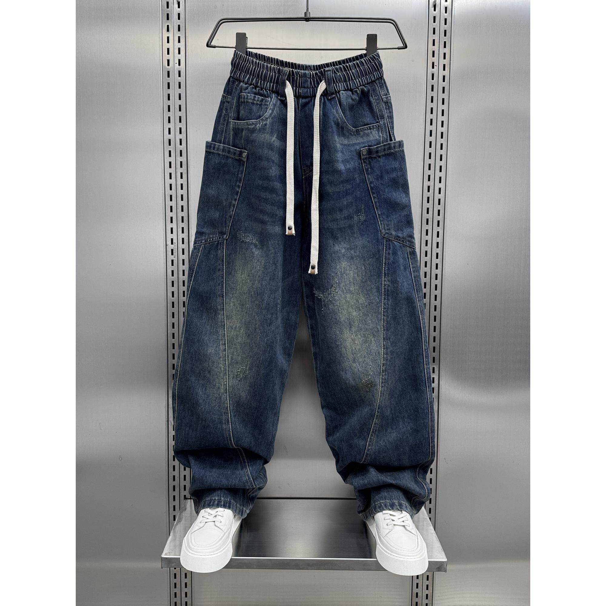 男士2026春秋新款弯刀牛仔裤时尚高街美式休闲宽松直筒加绒哈伦裤