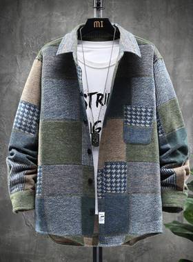 春秋季轻奢磨毛衬衫男格子宽松大码加厚潮流百搭衬衣男士休闲外套