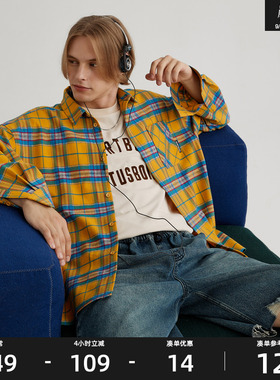 HeartBoon 秋黄色格子长袖衬衫美式复古宽松情侣休闲外套男女潮牌