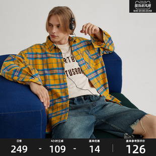 HeartBoon 秋黄色格子长袖衬衫美式复古宽松情侣休闲外套男女潮牌