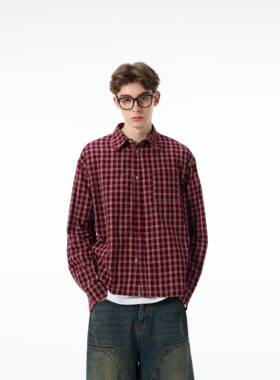 MADWITCH美式复古红色格子衬衫外套男女宽松休闲新款长袖外套上衣
