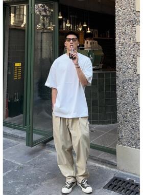 Batterup日系廓形简约百搭单褶锥形CHINO裤卡其宽松阔腿休闲长裤