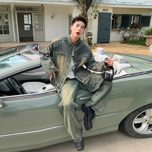 立领夹克外套高街情侣同款 Holocene美式 潮牌水洗粉色牛仔搭配套装