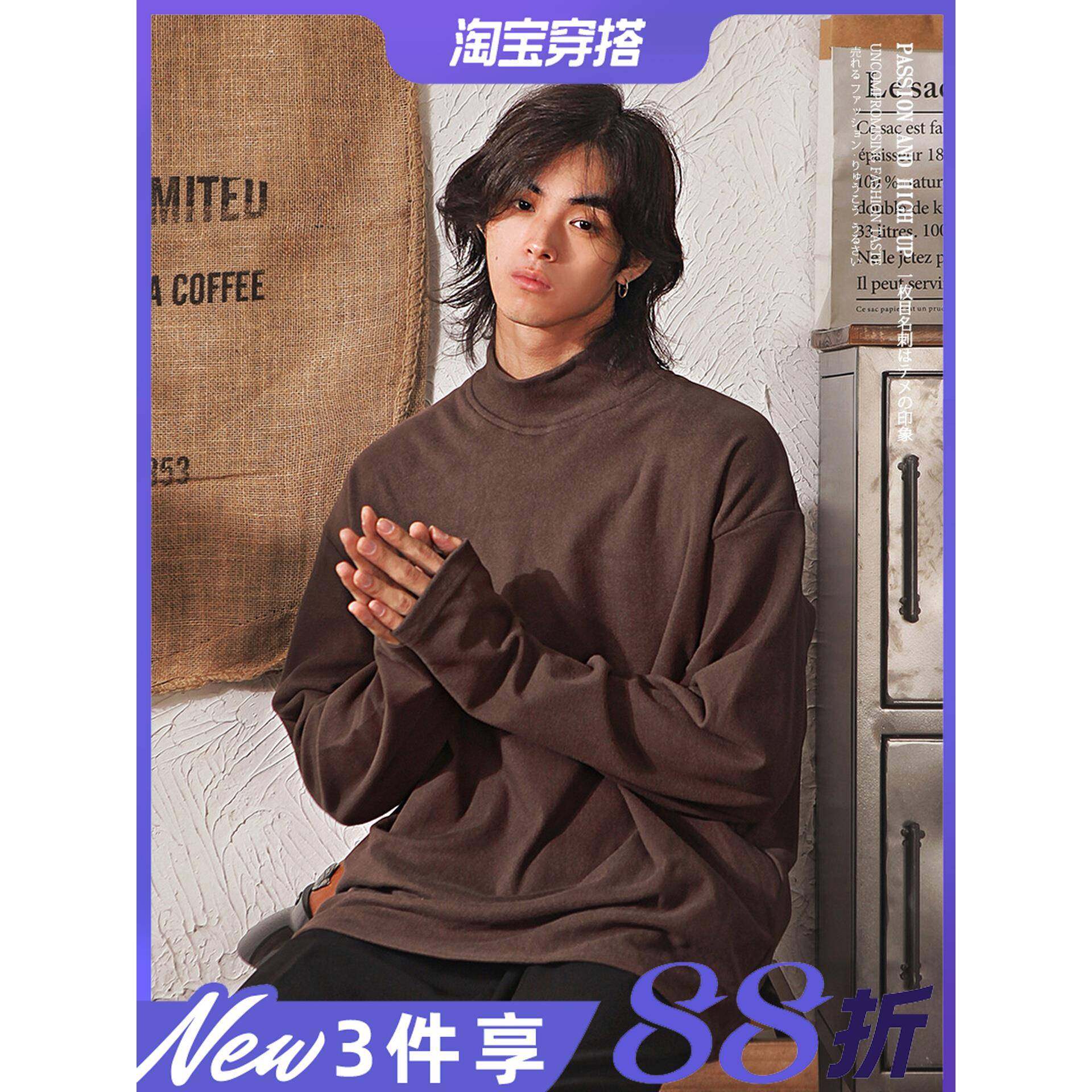 日系德绒半高领长袖t恤男秋冬款加绒加厚保暖内搭纯色卫衣打底衫