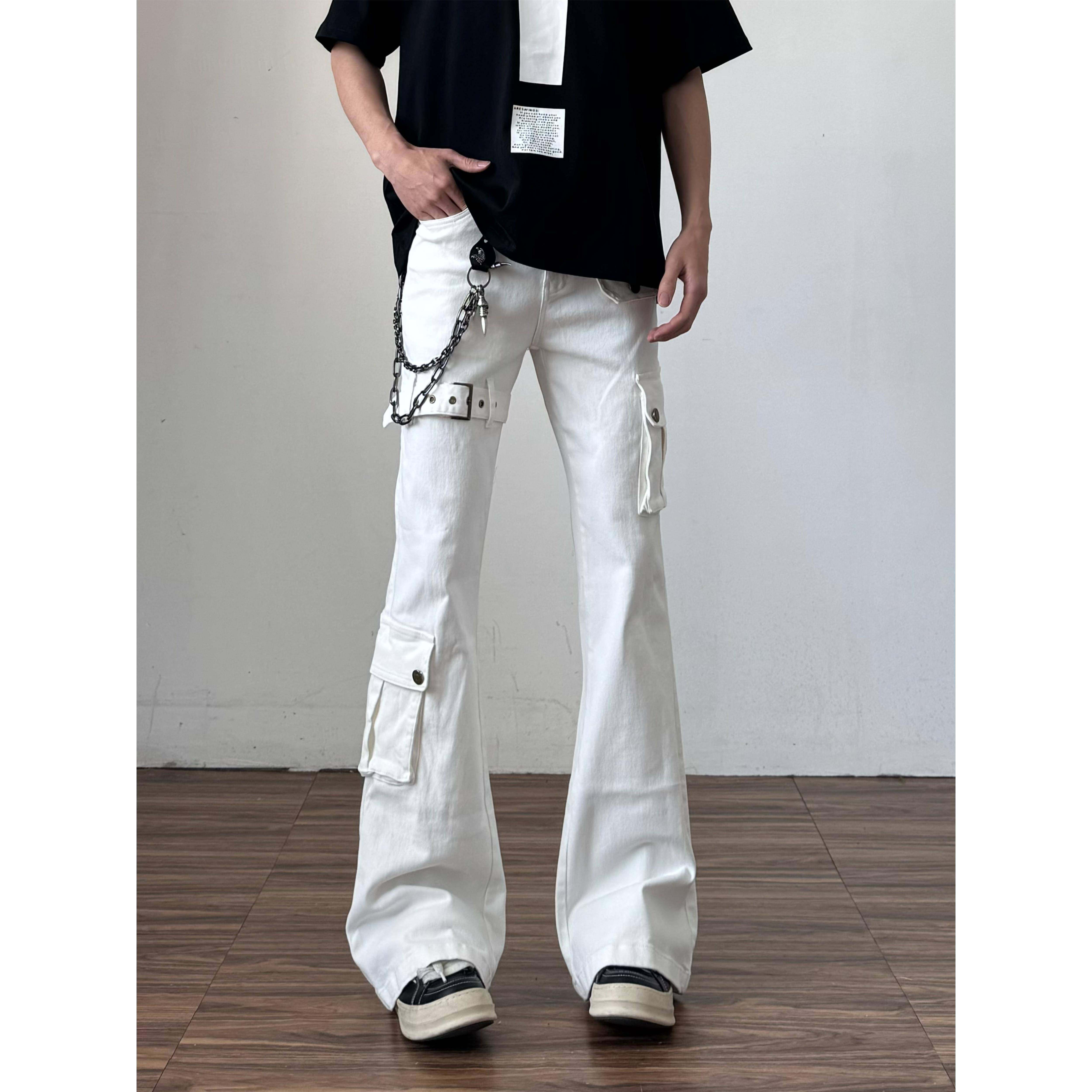 秋季白色绑带微喇牛仔裤男cleanfit美式高街vibe喇叭修身工装裤子