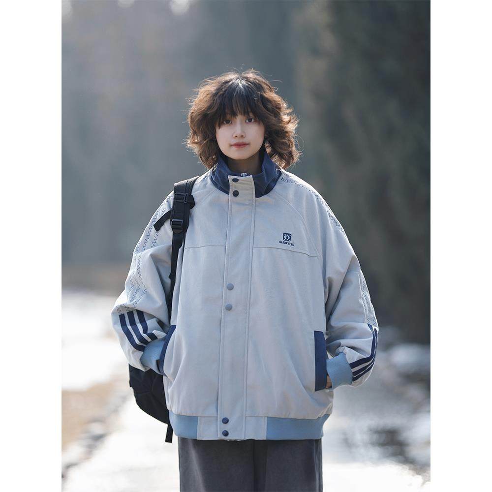 阿于呆春秋日系复古拼接立领夹克男宽松潮牌街头运动棒球服外套女